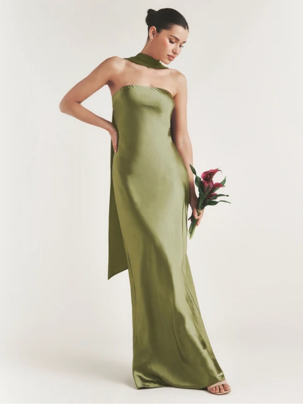 Six Stories Eliza Bandeau Satin Bridesmaid Dress with Chiffon Neck Scarf - Moss